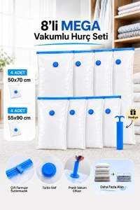 8'li Vakumlu Hurç Seti 2 Farklı Boy Büyük Boy Kıyafet Yorgan Hurcu (POMPA HEDİYELİ)